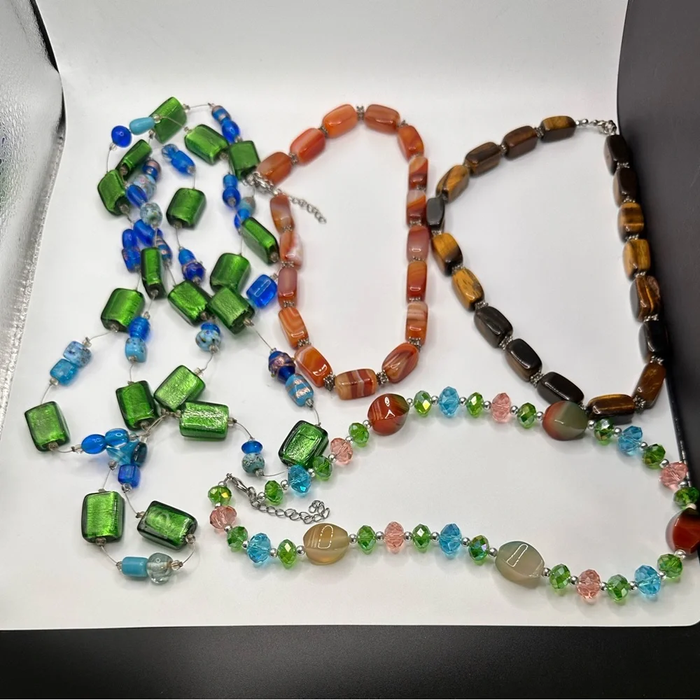 Festival Art Glass Bead Necklace Lot 7pc Boho Summer Colorful Statement Bundle - Picture 4 of 8